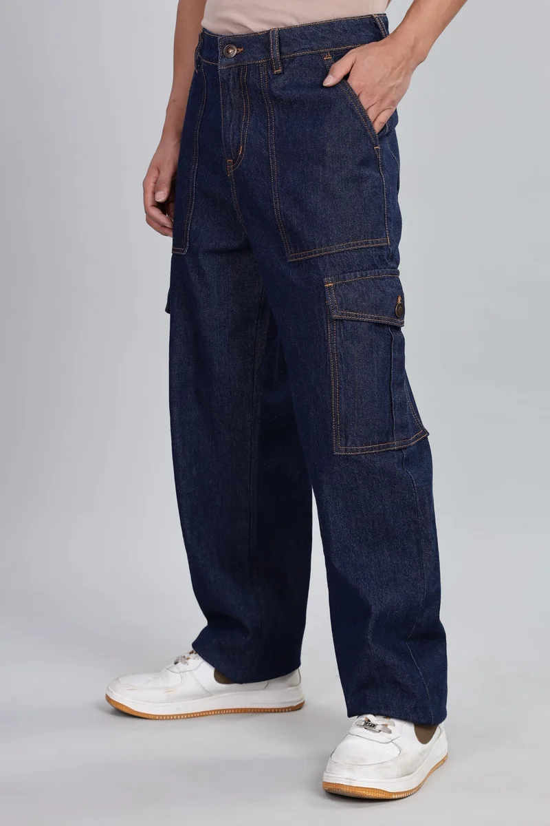 Inkd Sapphire Sphere Men's Cargo Carpenter Baggy Jeans – Mid-Rise | 100% Cotton | Contrast Stitch| 6 Pocket Styling | Baggy Jeans for Man | Cargo for Men for Men | Best Price UAE